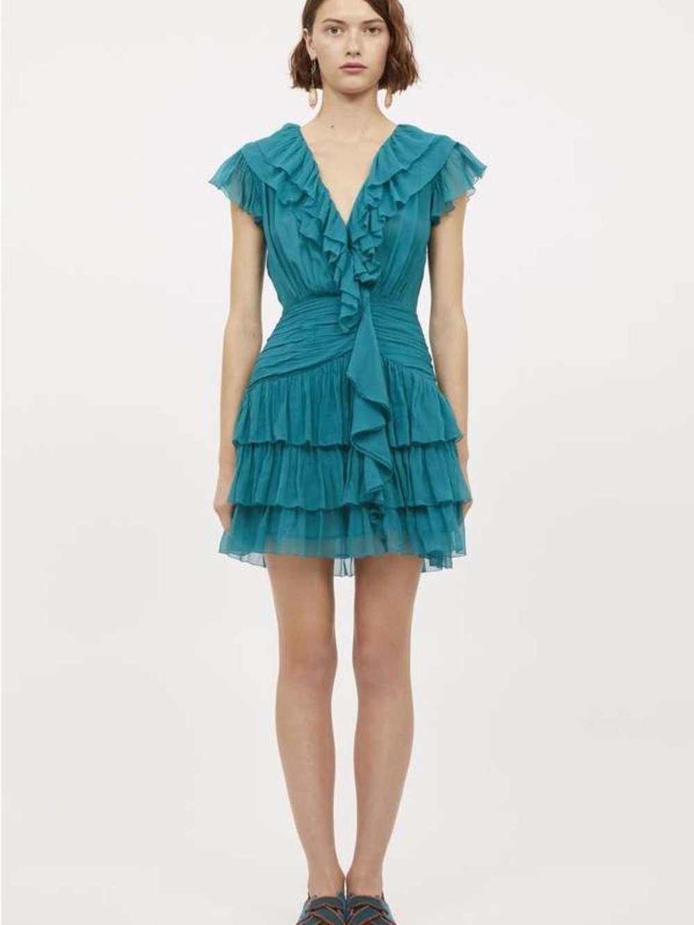 Ulla Johnson Teal Ruffled Tiered V-Neck Mini Dress